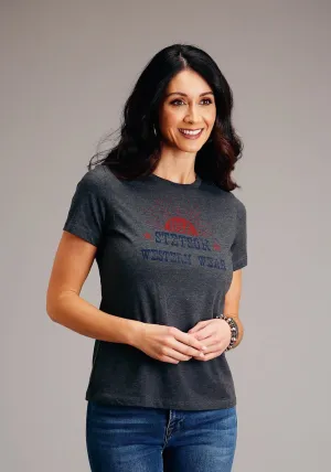 Stetson Womens Dark Grey Cotton Blend Sunset USA S/S T-Shirt Yoke Design Stetson Womens Dark Grey Cotton Blend Sunset USA S/S T-Shirt Subtle Details Seamless construction