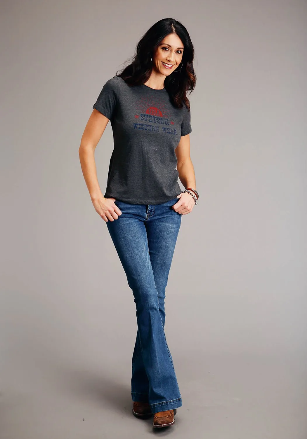 Stetson Womens Dark Grey Cotton Blend Sunset USA S/S T-Shirt Active Comfort