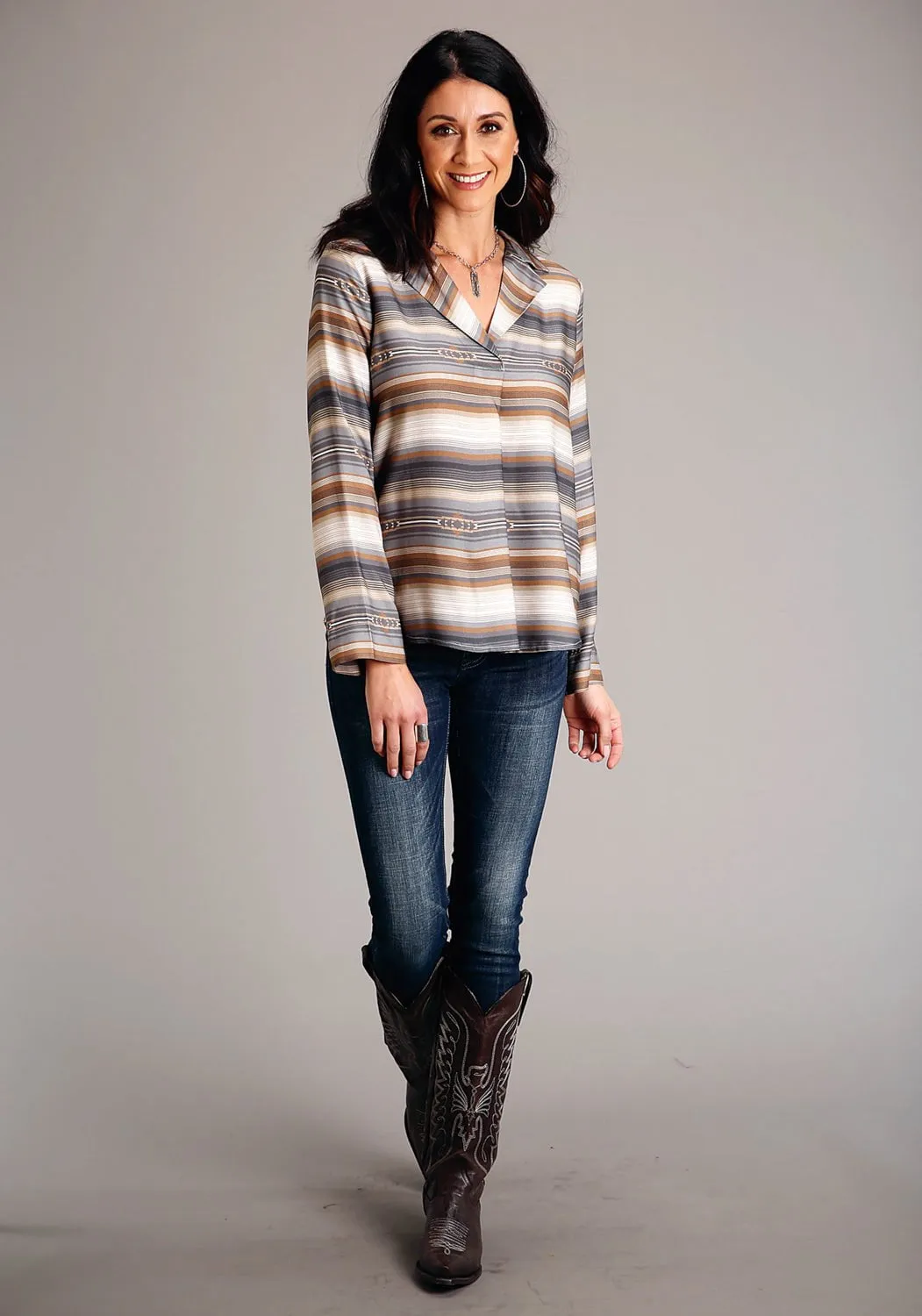 Trendy Fashion Gym Companion Stetson Womens Desert Serape Brown 100% Rayon L/S Blouse