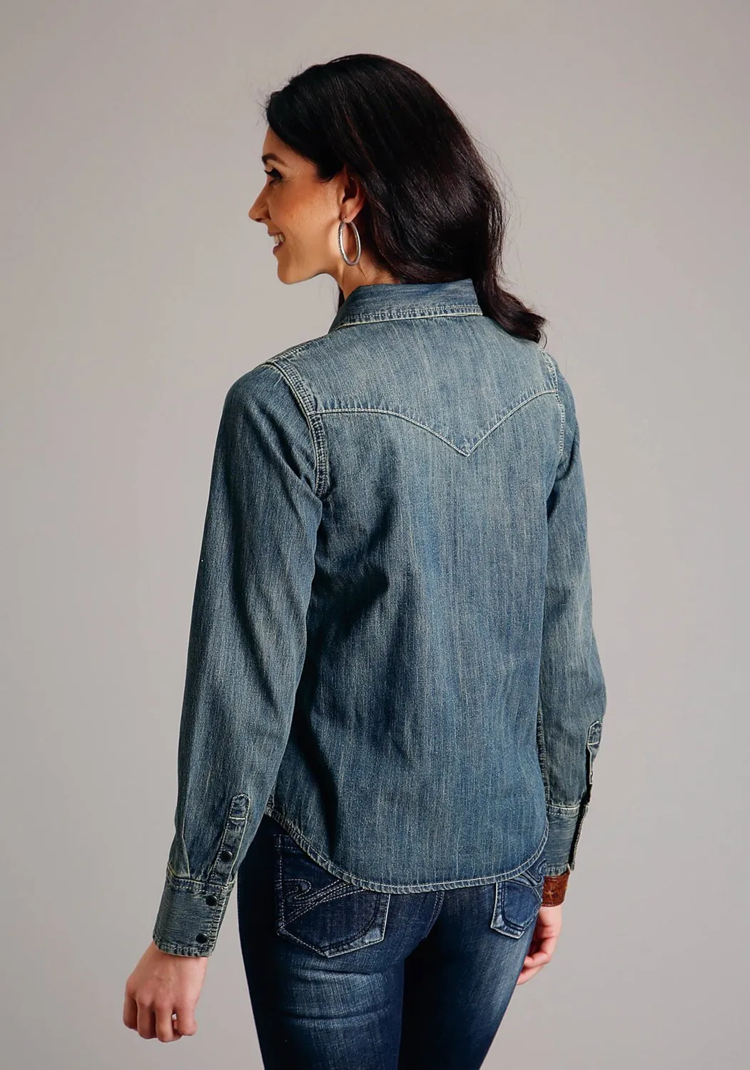 Stetson Womens Dirty Boyfriend Fit Blue Denim 100% Cotton L/S Shirt Reinforced Collar Roll-Up Sleeve