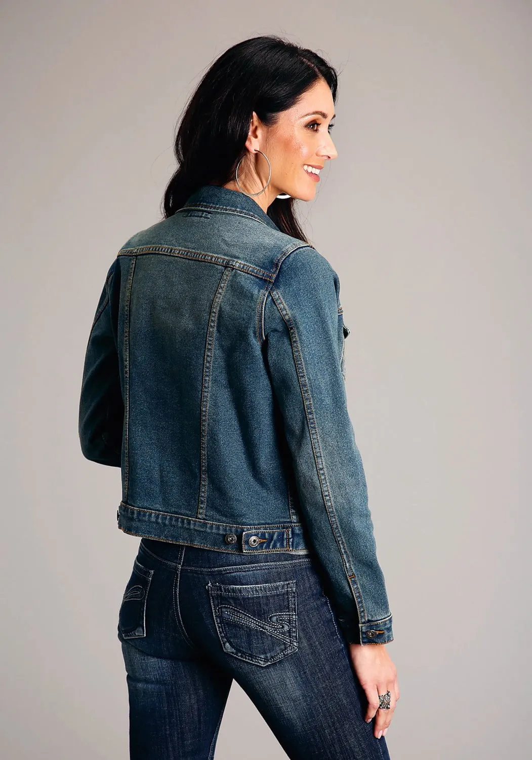 Stetson Womens Dirty Button Front Blue Cotton Blend Denim Jacket Minimal Fashion