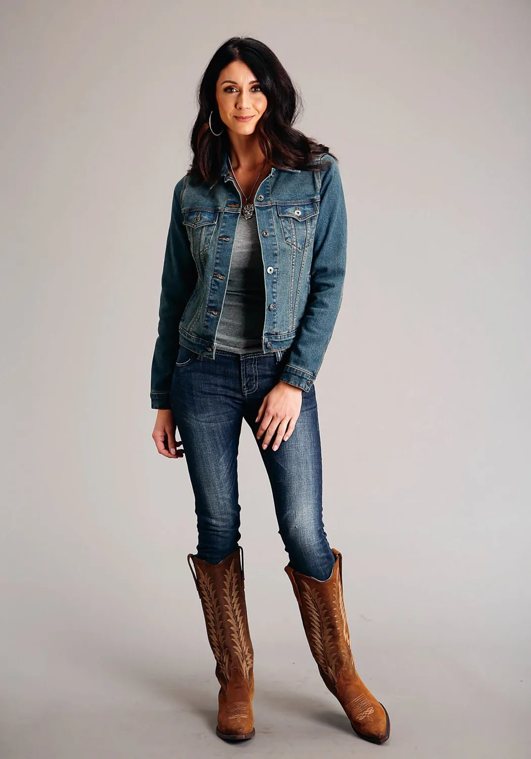Weekend Warrior Festival Outfit Smooth Effortless Design Stetson Womens Dirty Button Front Blue Cotton Blend Denim Jacket