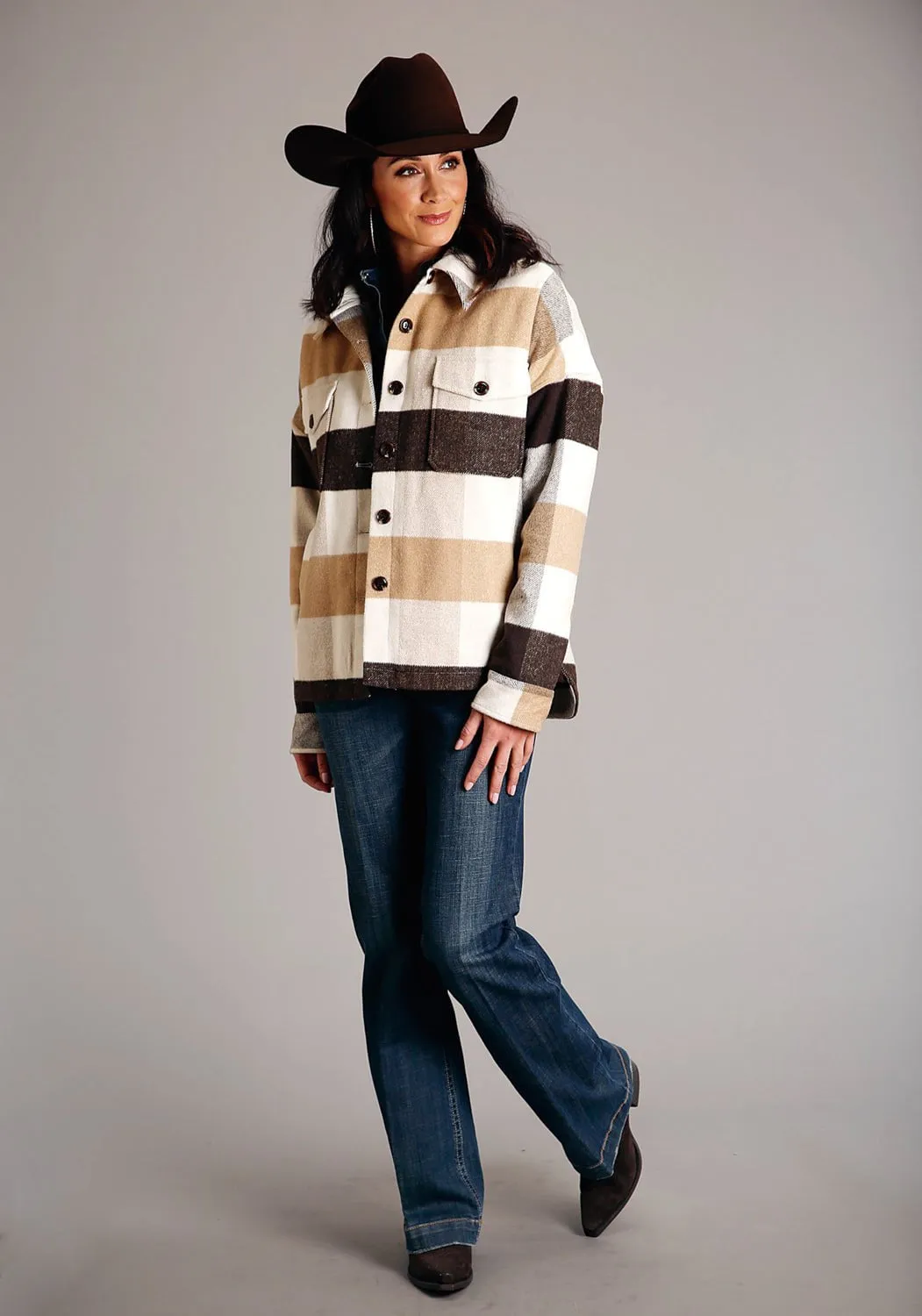 Easywear Style Stetson Womens Earthtone Plaid Brown Wool Blend Wool Jacket
