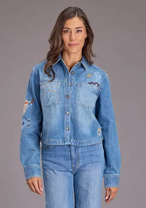 Stetson Womens Embroidered Crop Denim Medium Blue Cotton Blend L/S Blouse Neutral Tones Stetson Womens Embroidered Crop Denim Medium Blue Cotton Blend L/S Blouse Sophisticated Look Easy Care Material