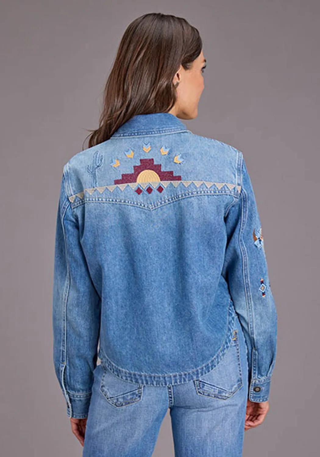 Stetson Womens Embroidered Crop Denim Medium Blue Cotton Blend L/S Blouse Trendy Pattern
