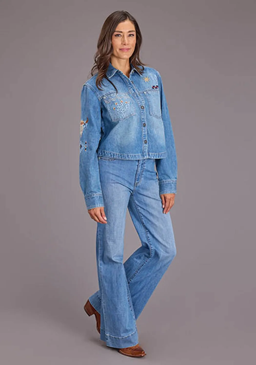 Essential Layer Stetson Womens Embroidered Crop Denim Medium Blue Cotton Blend L/S Blouse