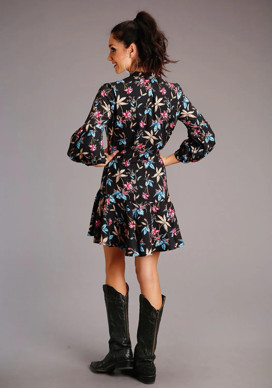 Spring Mood Bold Look Abrasion Resistance Stetson Womens Feather Floral Print Black 100% Rayon L/S Dress