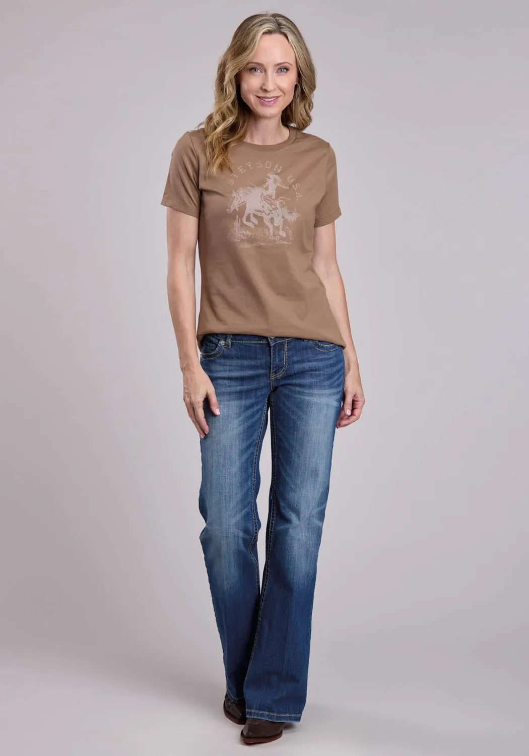 Stetson Womens Female Horserider Brown 100% Cotton S/S T-Shirt Ultra Soft Interior
