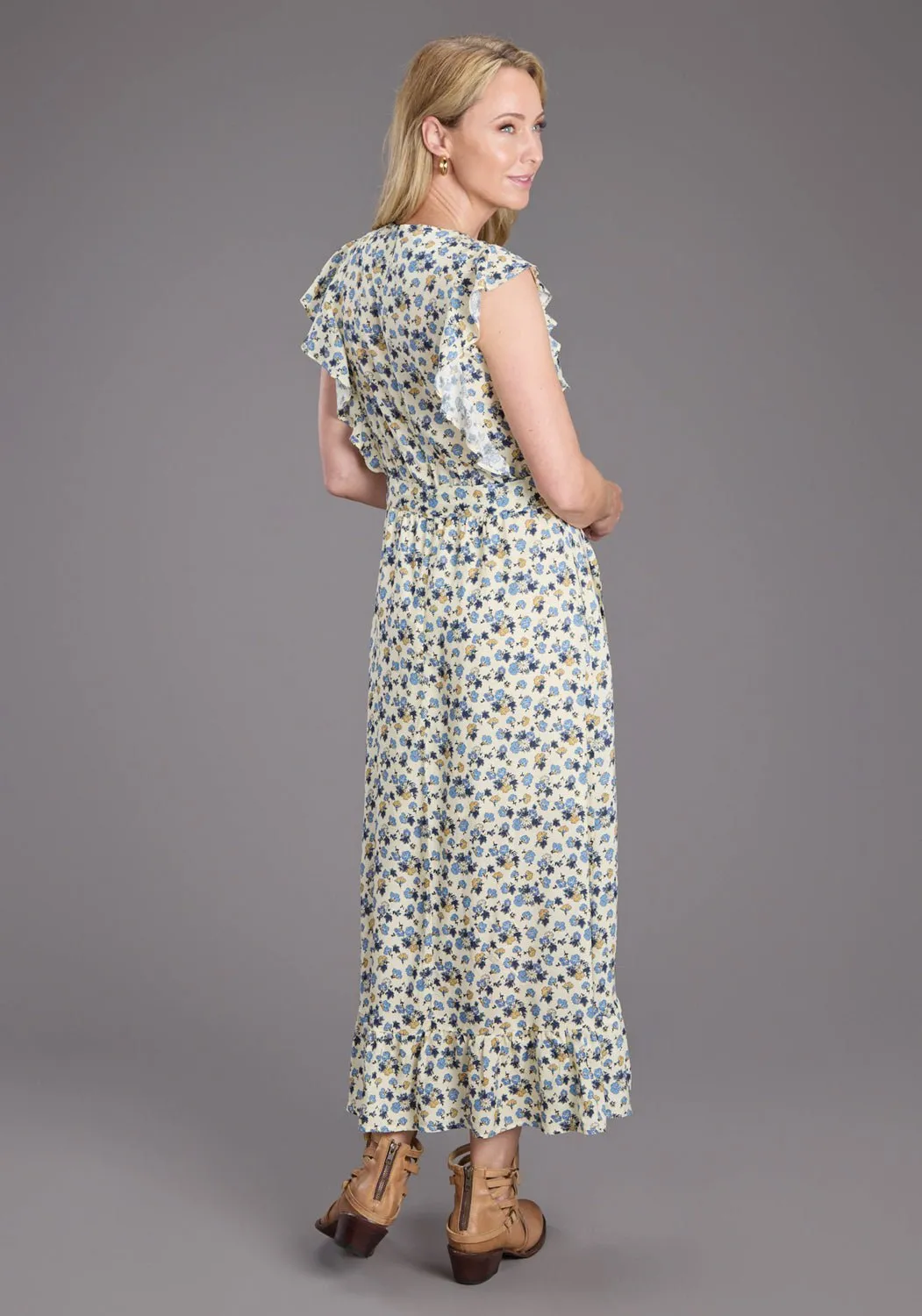 Stetson Womens Field Flower Blue Multi 100% Rayon S/L Dress Holiday Vibes High Quality Acid Wash Effect
