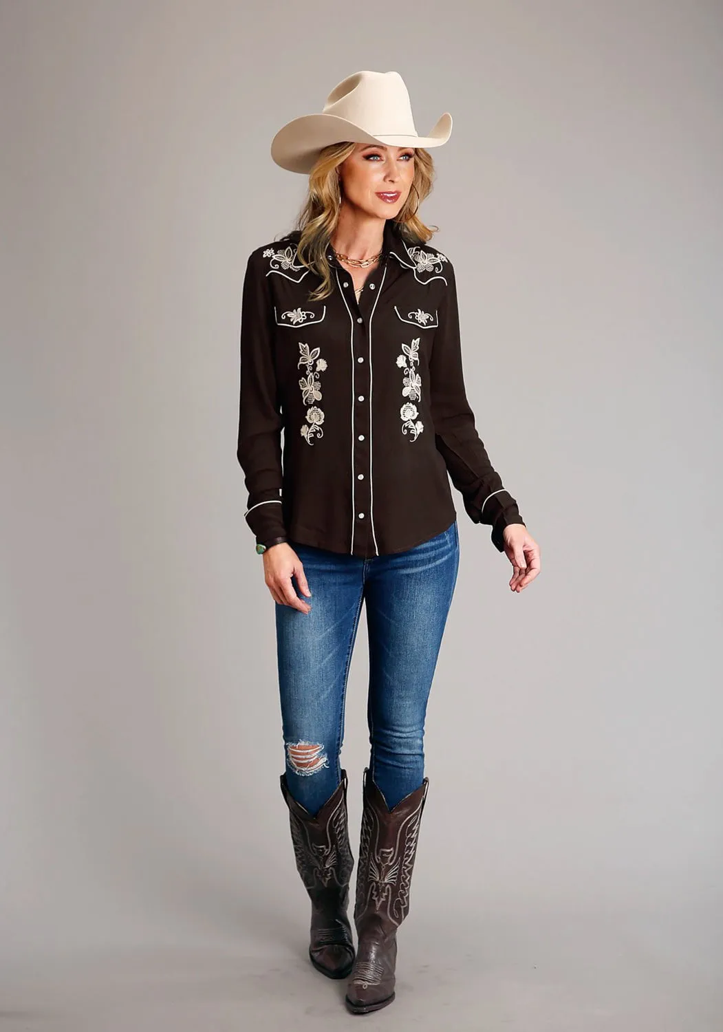 Stetson Womens Floral Crepe Brown 100% Rayon L/S Shirt Edgy style