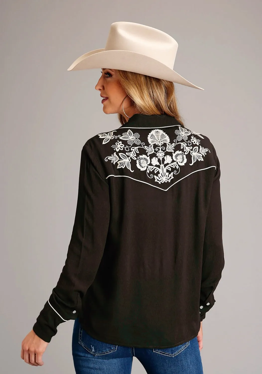 hypoallergenic material Winter Layering Stetson Womens Floral Crepe Brown 100% Rayon L/S Shirt