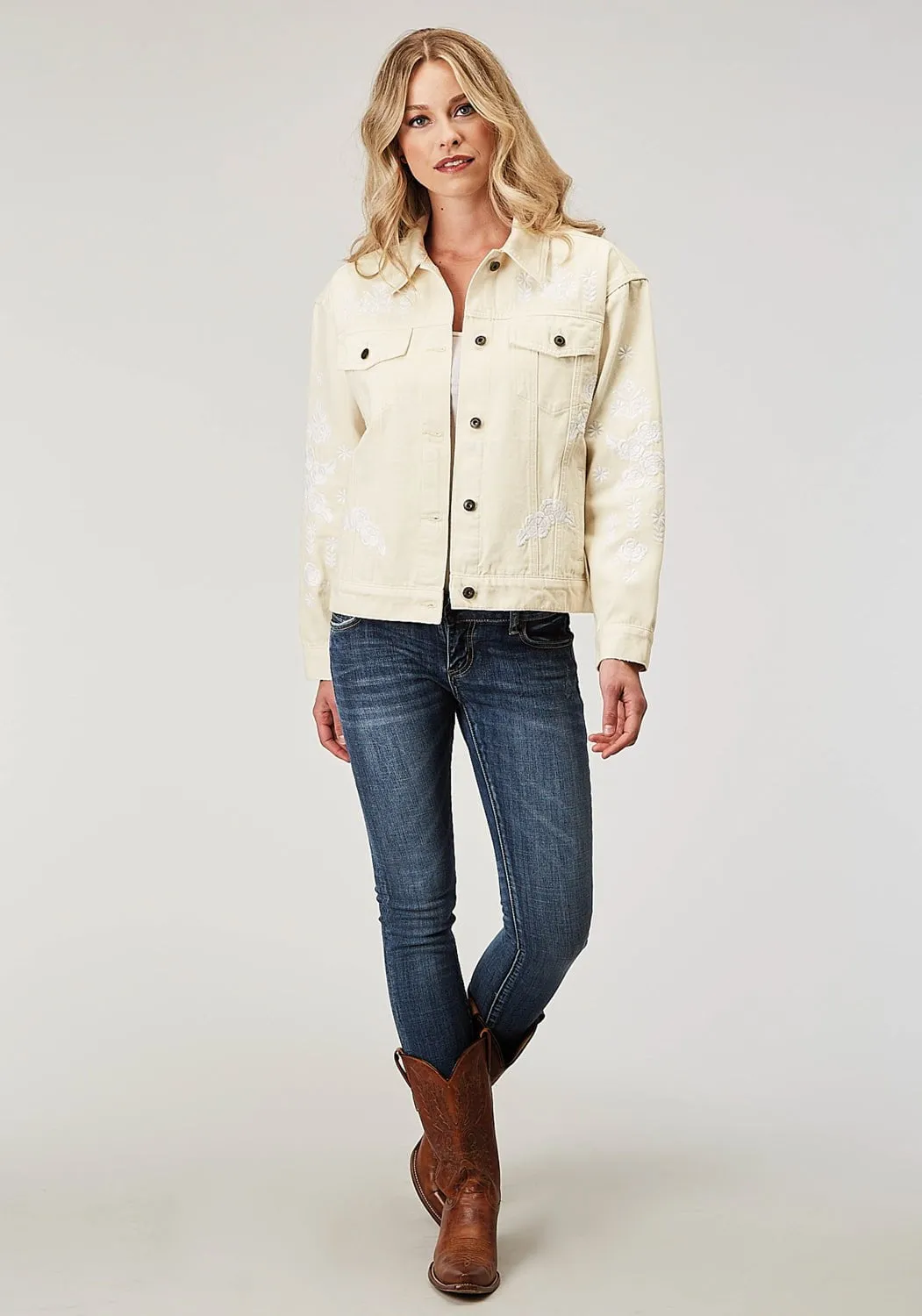 Premium Outdoor Enthusiast Anywhere Fit Stetson Womens Floral Embroidered Cream 100% Cotton Jacket