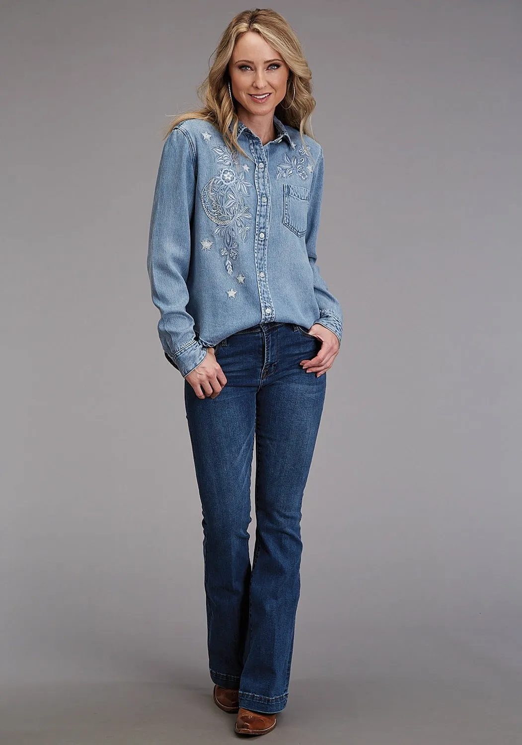 Stetson Womens Floral Embroidered Denim Blue Lyocell L/S Blouse High Neck Fashion Essential