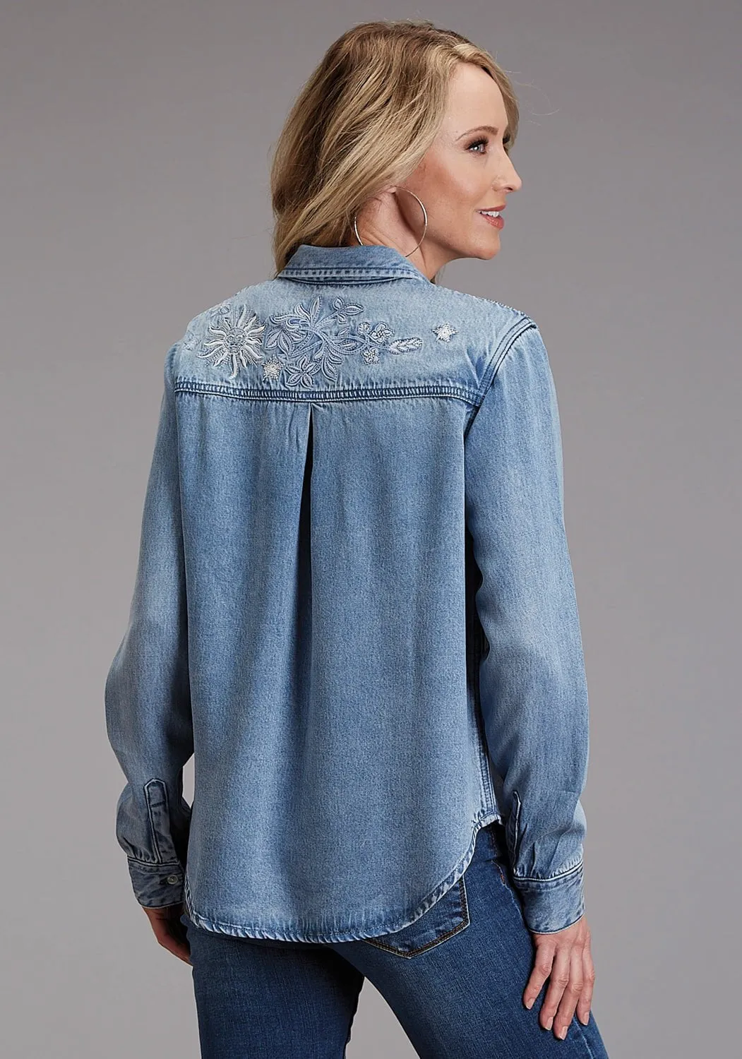Runway Inspired Stetson Womens Floral Embroidered Denim Blue Lyocell L/S Blouse