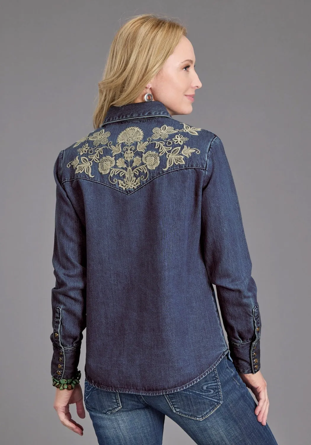 Stetson Womens Floral Embroidery Dark Denim Tencel/Rayon L/S Shirt vacation wear