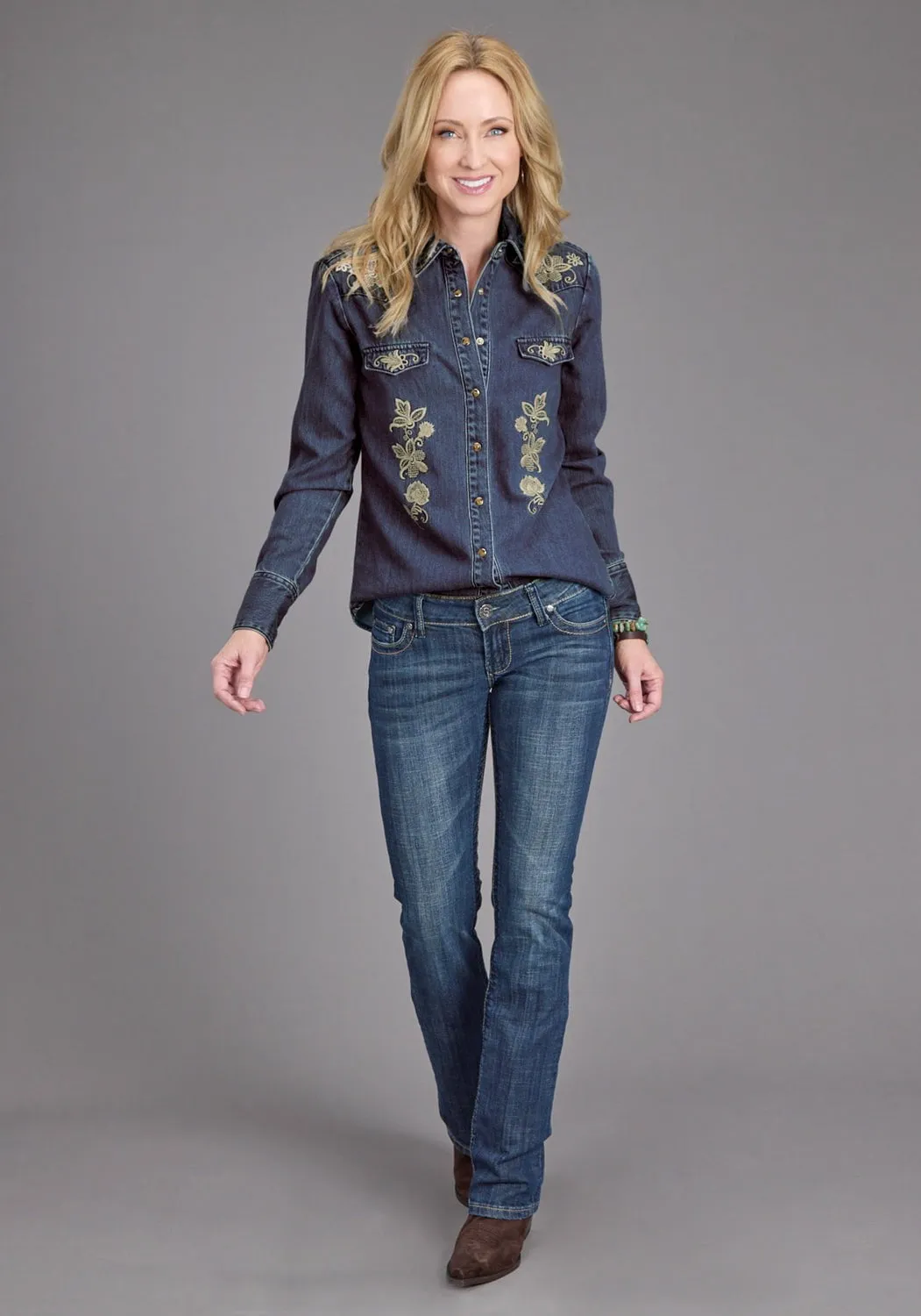 Workwear Approved Stetson Womens Floral Embroidery Dark Denim Tencel/Rayon L/S Shirt