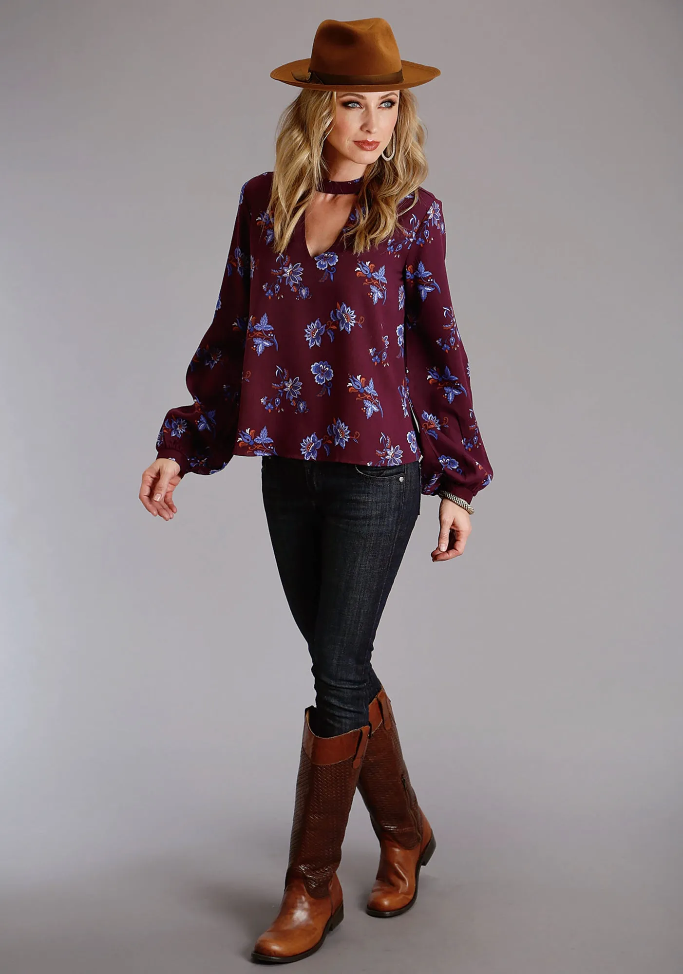 Micro Perforated Texture Active Wear Stetson Womens Floral Herringbone Wine/Blue 100% Rayon L/S Blouse