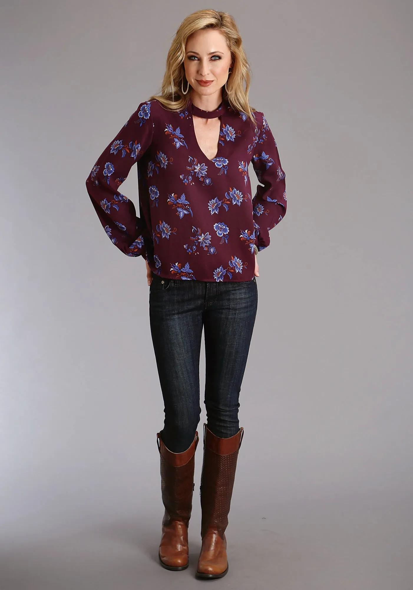 Stetson Womens Floral Herringbone Wine/Blue 100% Rayon L/S Blouse Button front Trendy Fit