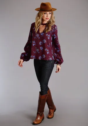Stetson Womens Floral Herringbone Wine/Blue 100% Rayon L/S Blouse No Logo Micro Perforated Texture Active Wear Stetson Womens Floral Herringbone Wine/Blue 100% Rayon L/S Blouse