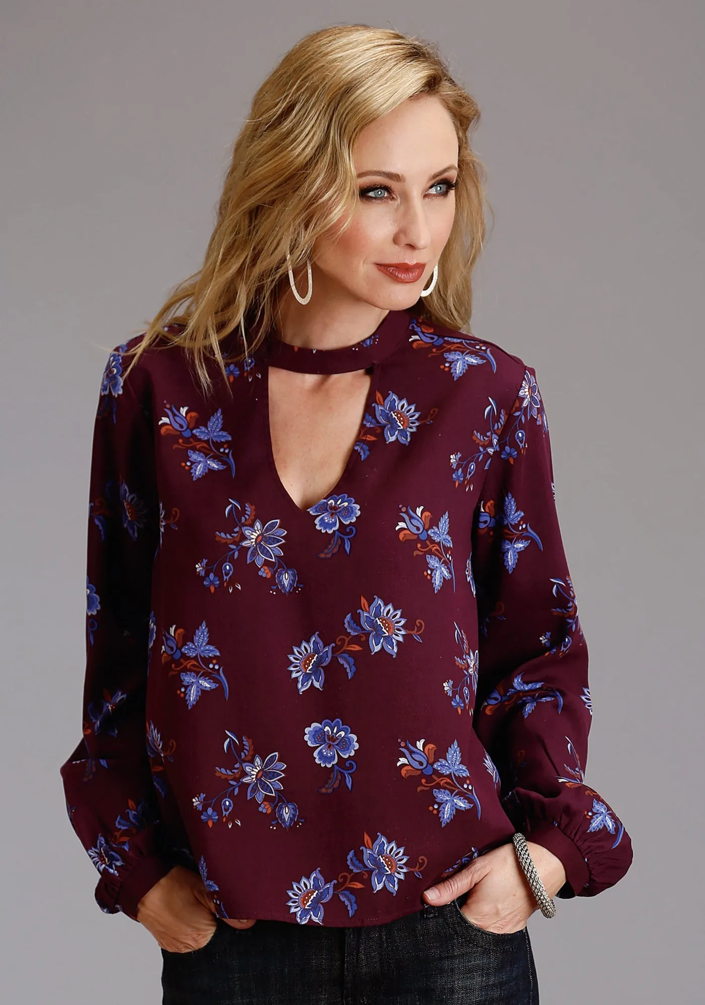 Stetson Womens Floral Herringbone Wine/Blue 100% Rayon L/S Blouse Comfy Layer Anti Pill Technology
