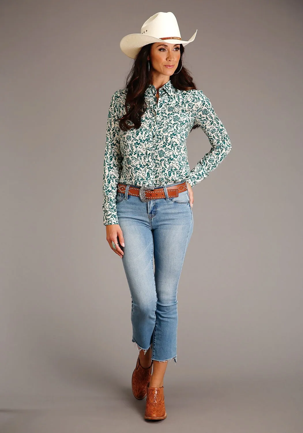 Stetson Womens Floral Print Jade 100% Rayon L/S Shirt shopping spree fade resistant color