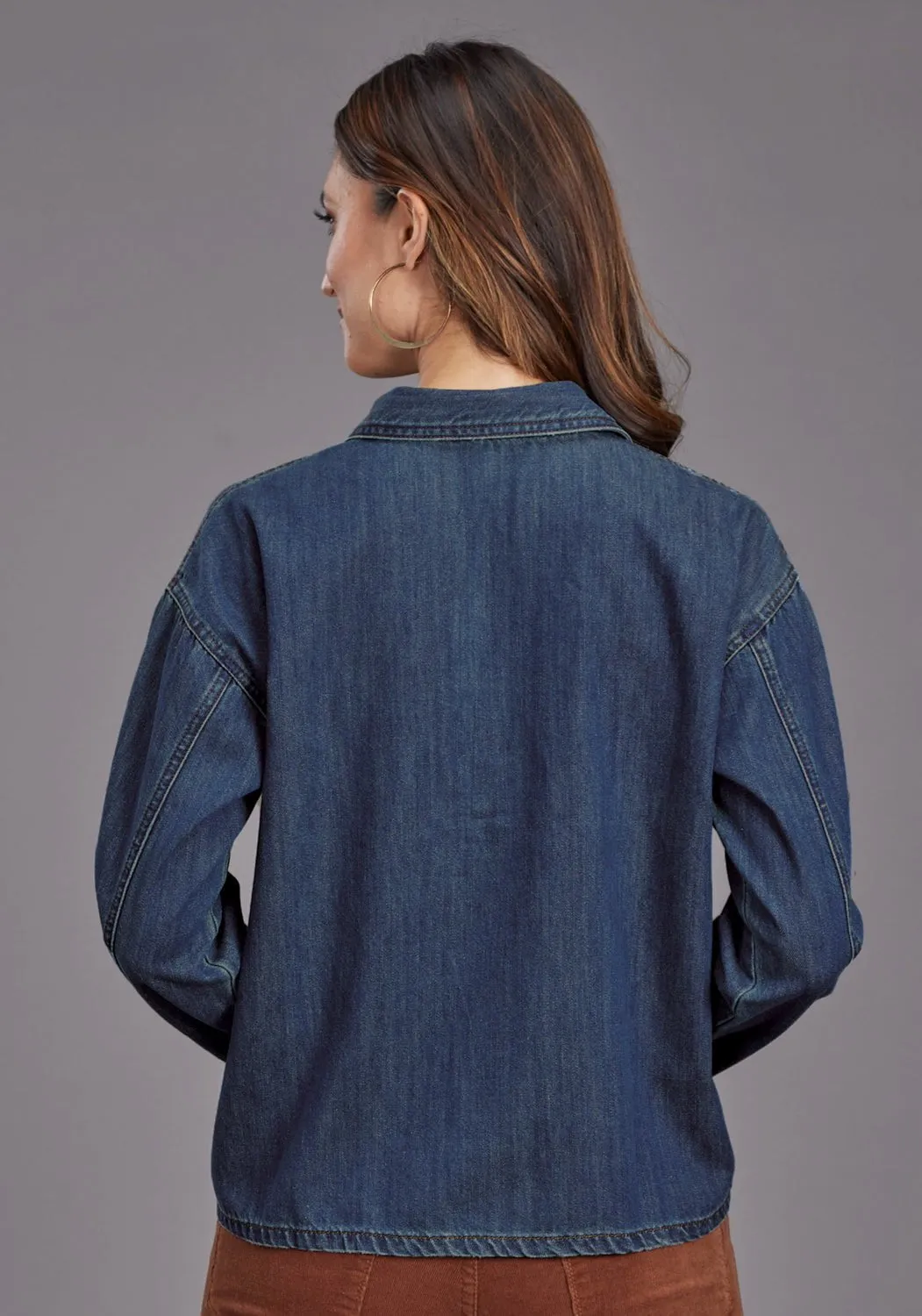 mix and match Breathable fabric Stetson Womens Fold Down Collar Dark Blue 100% Cotton L/S Tunic