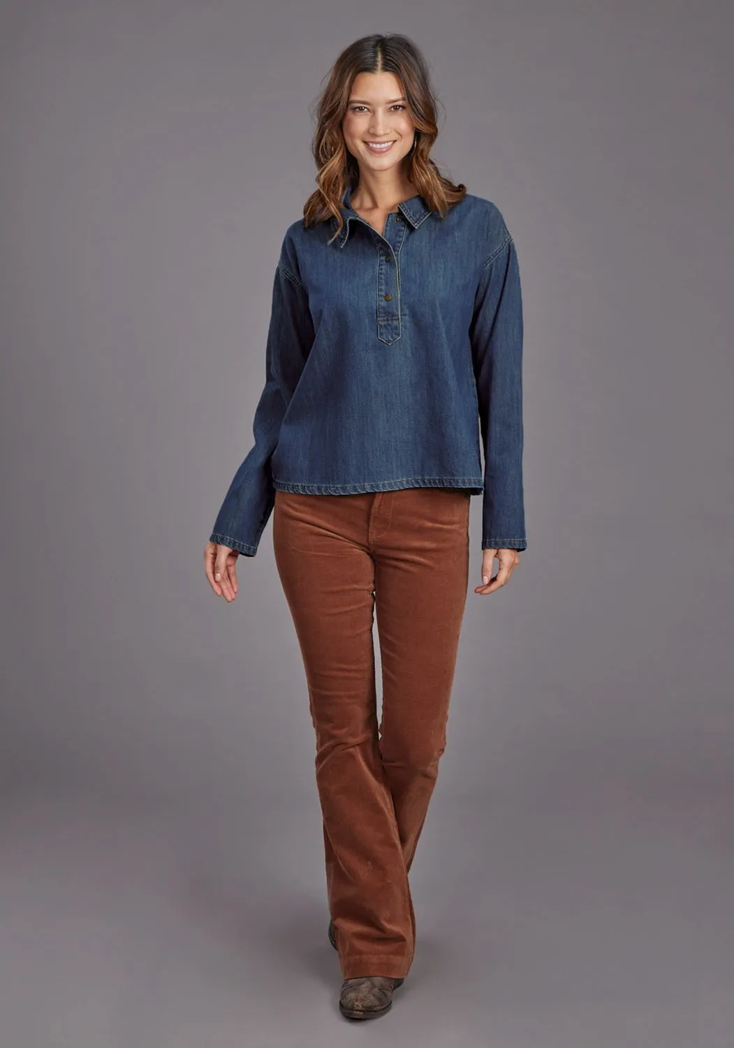 Stetson Womens Fold Down Collar Dark Blue 100% Cotton L/S Tunic Classy Detail