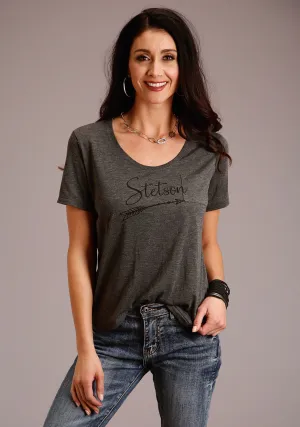 Stetson Womens Grey Polyester Logo Script S/S Arrow T-Shirt Sustainable Option Stetson Womens Grey Polyester Logo Script S/S Arrow T-Shirt Classic Collar