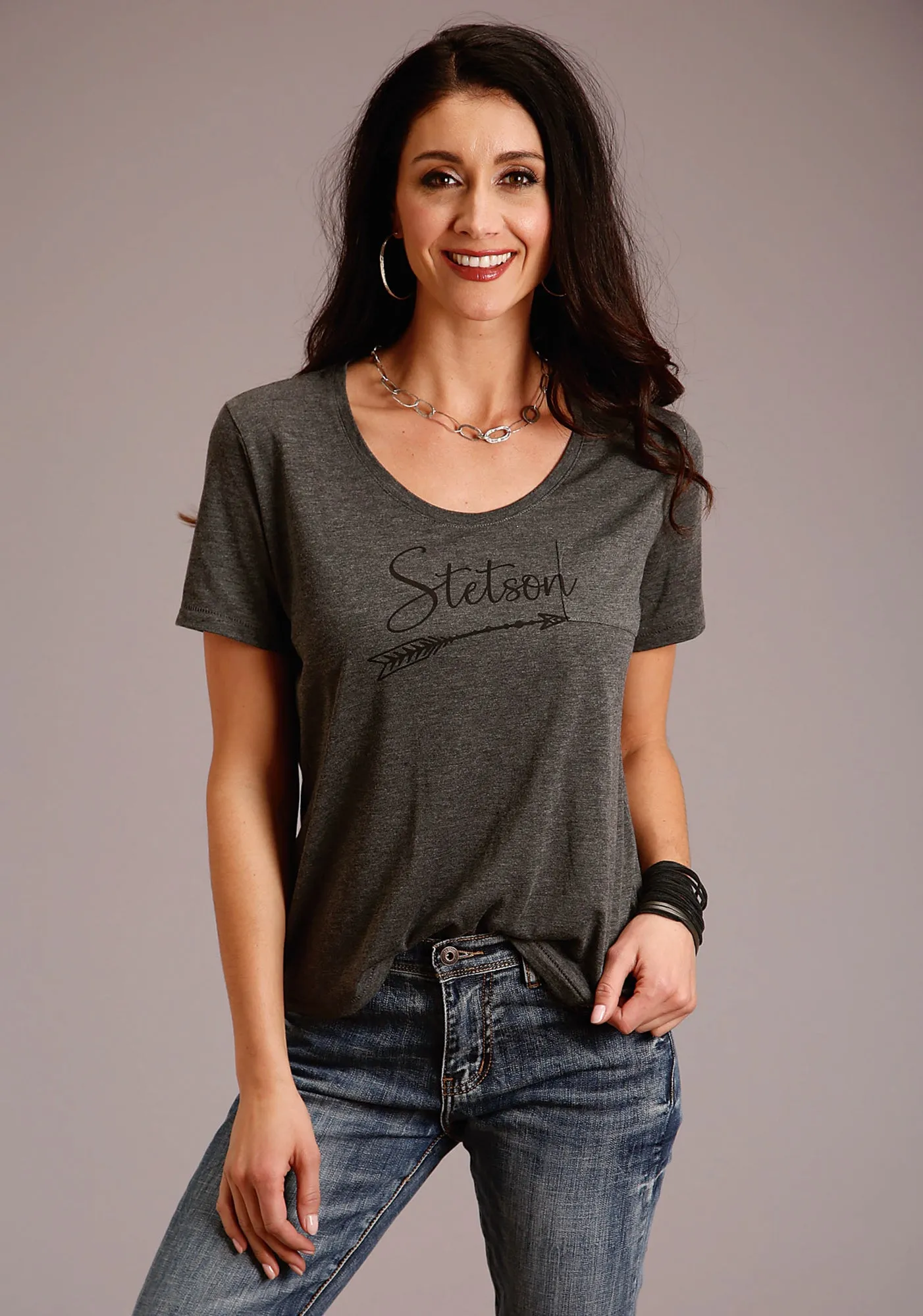 Stetson Womens Grey Polyester Logo Script S/S Arrow T-Shirt Simple Aesthetic