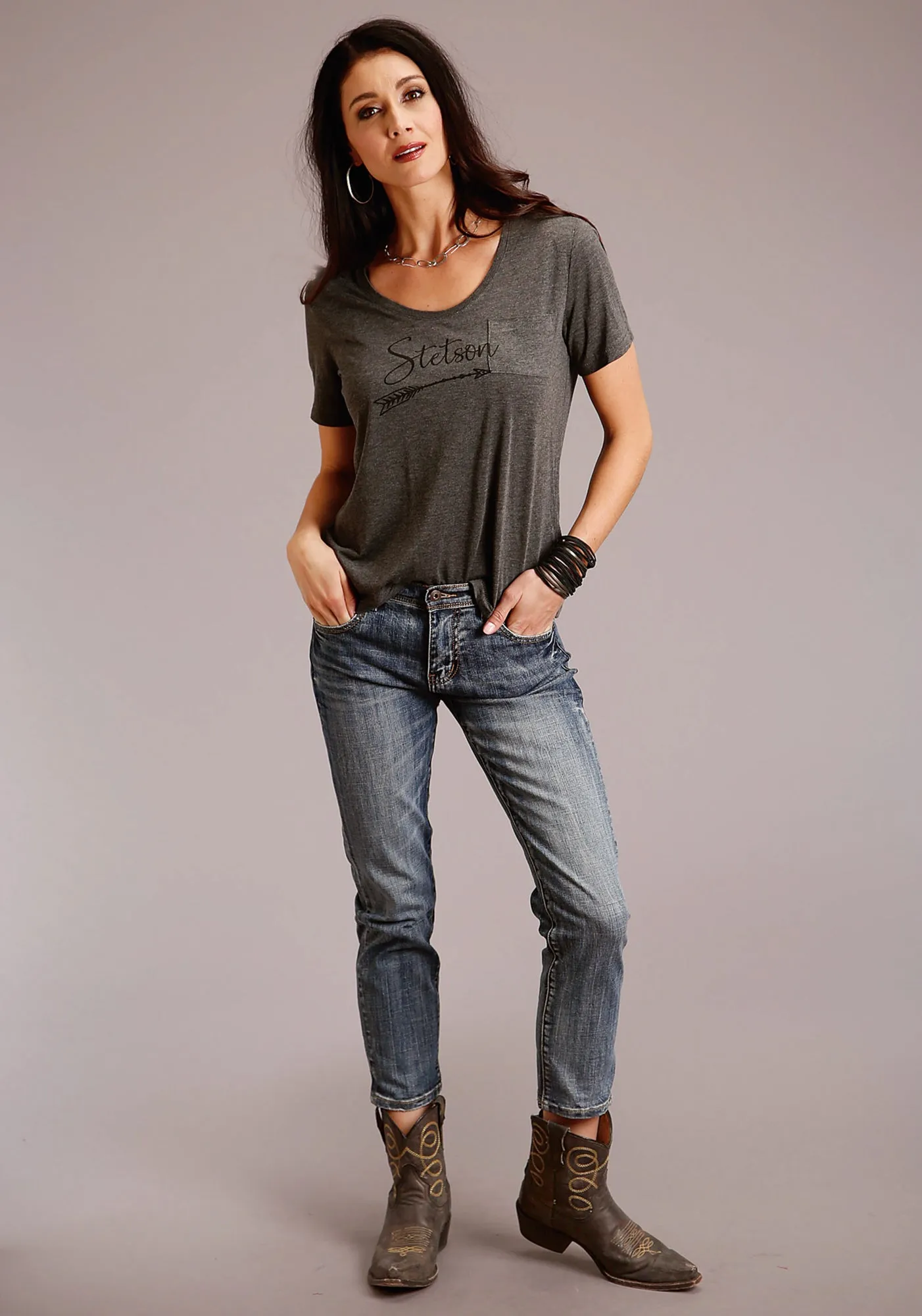 Classic Wear Roomy Cut Stetson Womens Grey Polyester Logo Script S/S Arrow T-Shirt