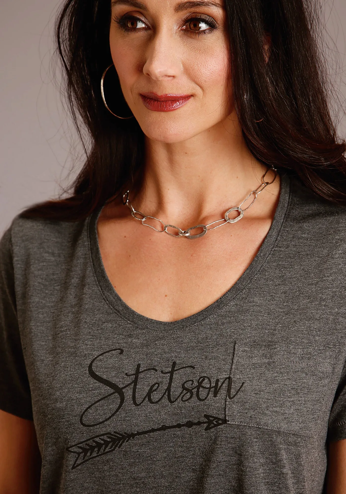 Military Inspired Stetson Womens Grey Polyester Logo Script S/S Arrow T-Shirt