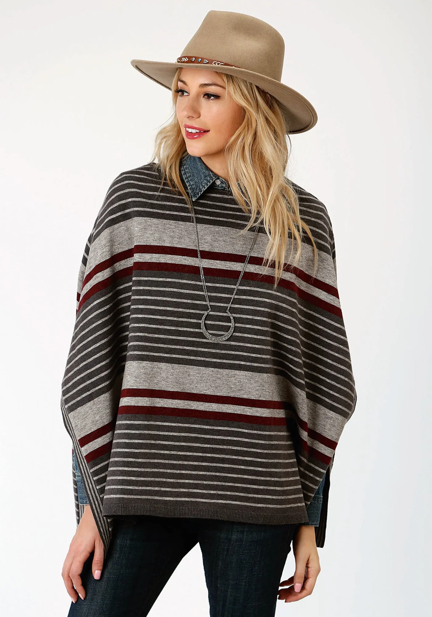 Stetson Womens Grey/Red Ombre Stripe Poncho Stylish Sunny Vibes