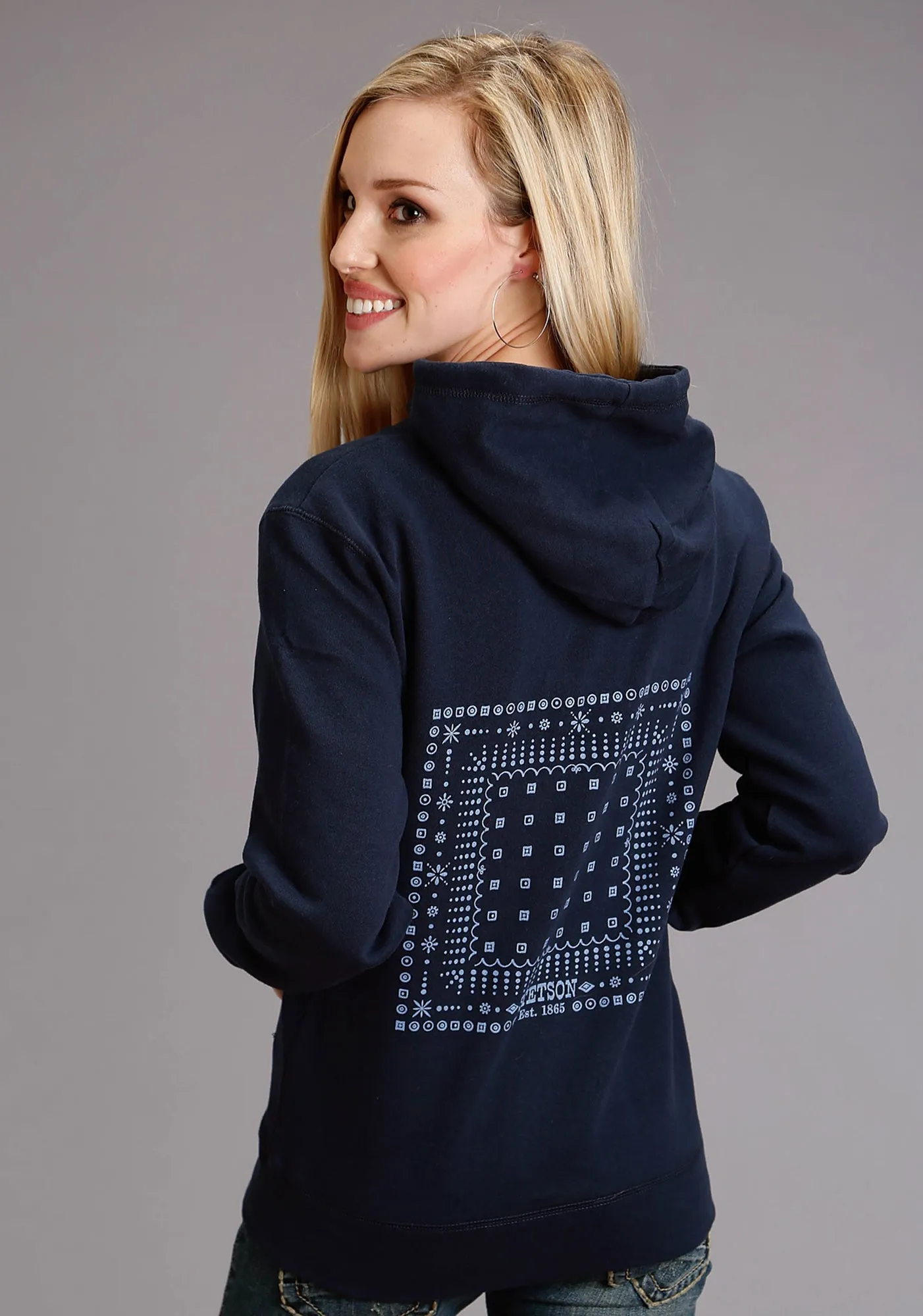 Timeless Feel Stetson Womens Hankerchief Print Navy Cotton Blend Hoodie