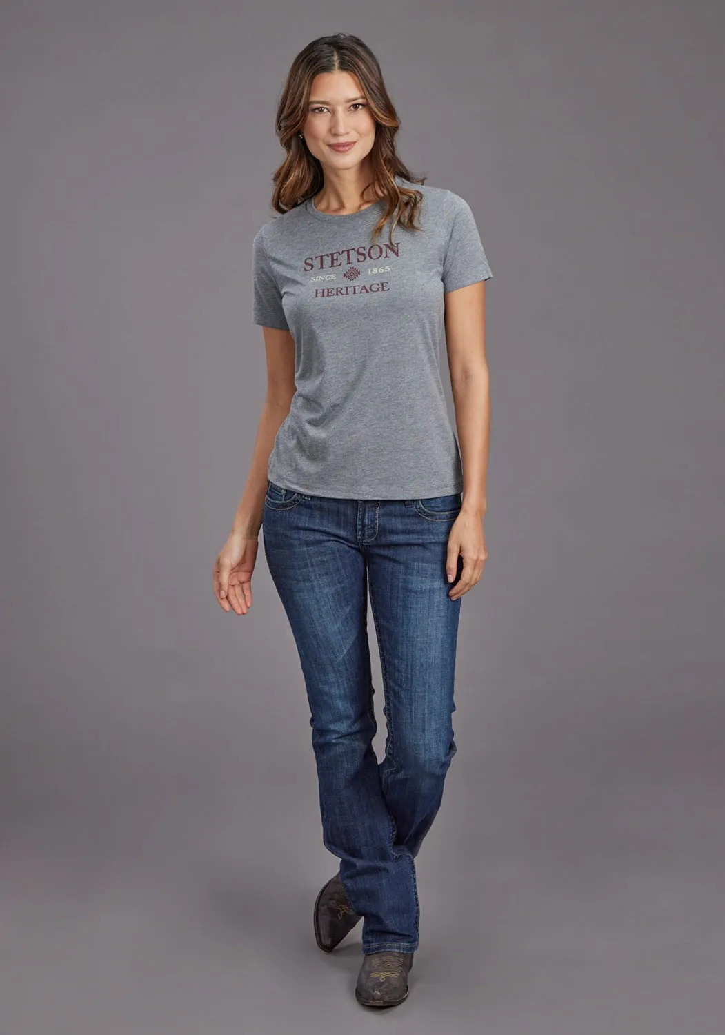Stetson Womens Heritage Aztec Grey Cotton Blend S/S T-Shirt Lightweight Wear