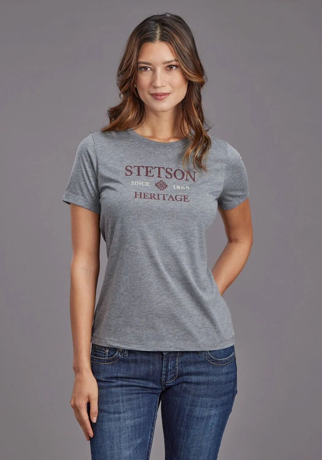Hypoallergenic Material Composition Spring Mood Brunch Outfit Formal Stetson Womens Heritage Aztec Grey Cotton Blend S/S T-Shirt