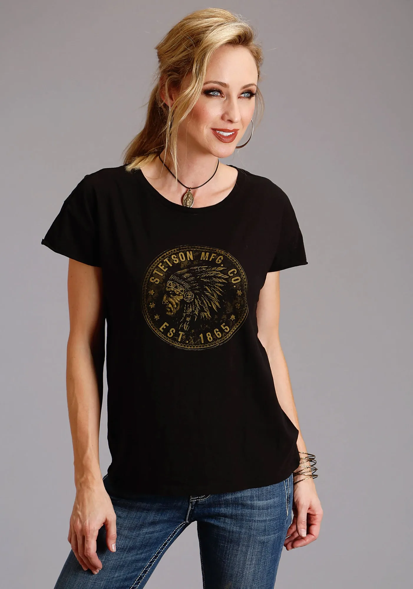 Breathable Style Stetson Womens Indian Head Coin Black 100% Cotton S/S T-Shirt