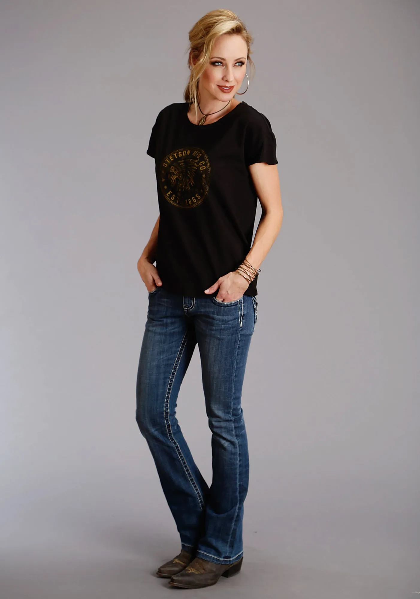 Stetson Womens Indian Head Coin Black 100% Cotton S/S T-Shirt Tailored Cut