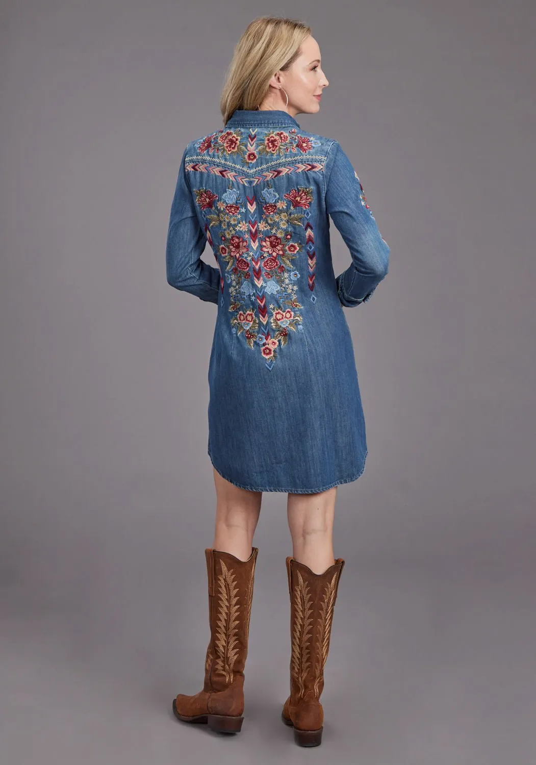 Stetson Womens Lavis Embroidery Shirt Dark Denim 100% Cotton L/S Dress Effortless Waist Minimalist Adult Fashion