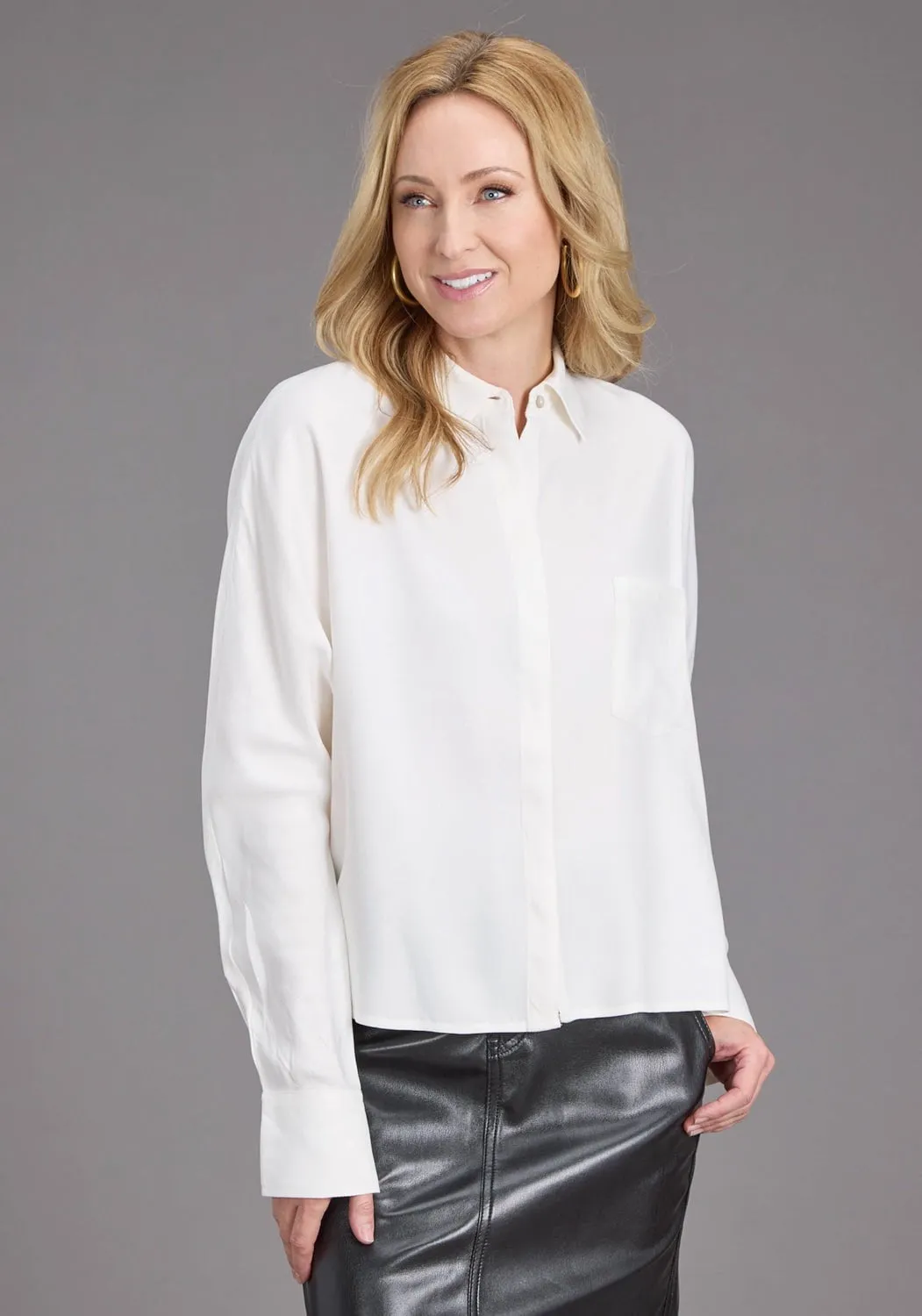Stetson Womens Loose Collared Cream 100% Rayon L/S Blouse Eco Friendly Dye