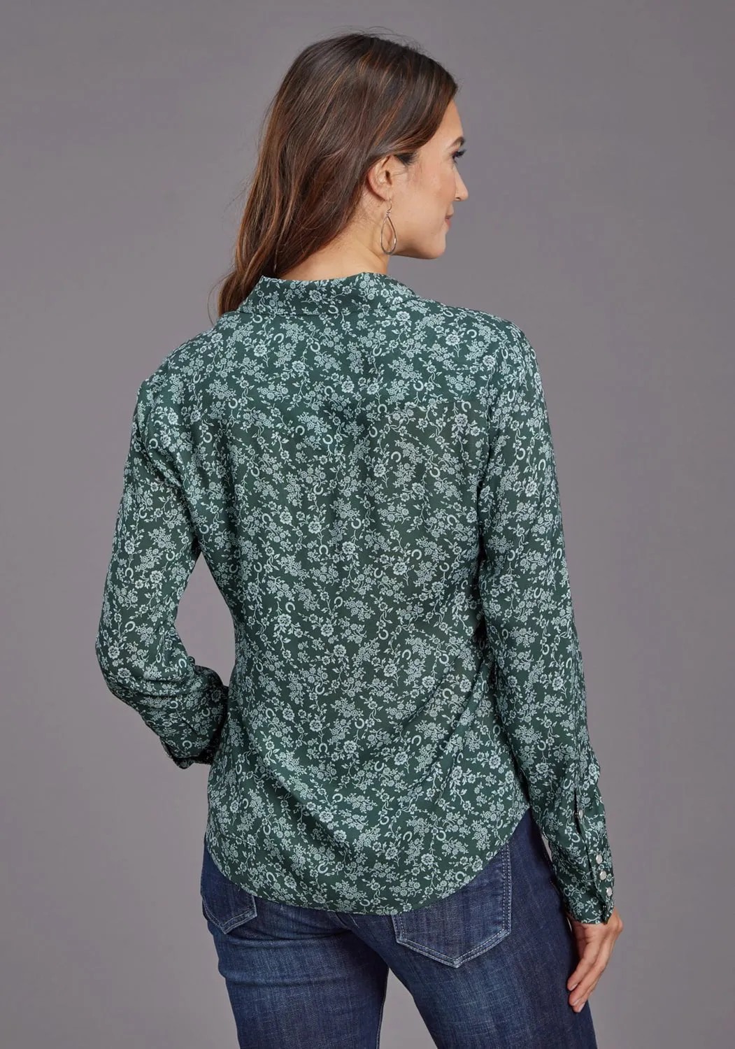 Active Design Adjustable Cuff Closure Stetson Womens Lucky Littl Floral Green 100% Rayon L/S Blouse