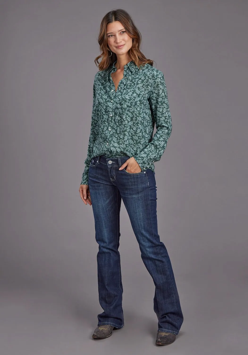 Stetson Womens Lucky Littl Floral Green 100% Rayon L/S Blouse Dynamic Design