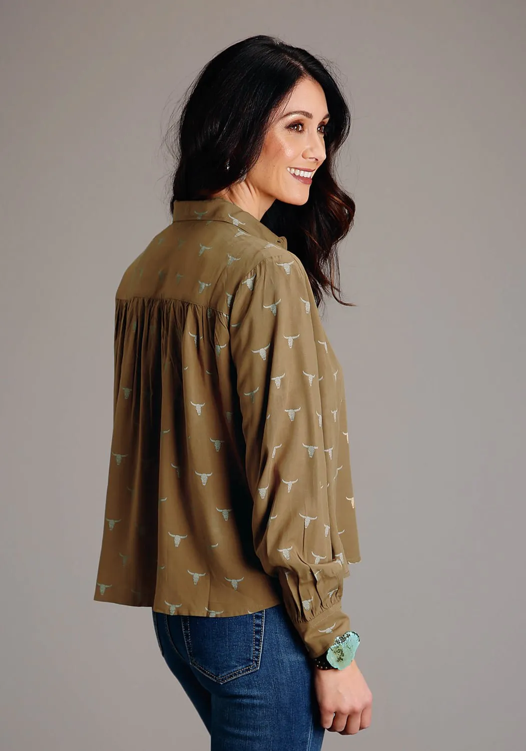 Anti-static Stetson Womens Mojave Steer Head Brown 100% Rayon L/S Blouse