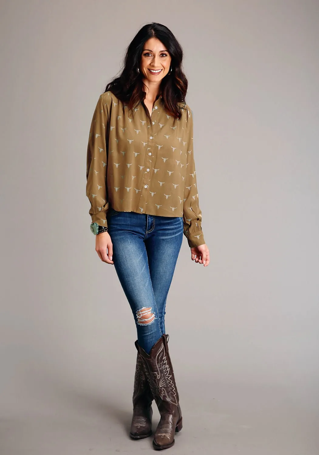 Military Inspired Stetson Womens Mojave Steer Head Brown 100% Rayon L/S Blouse