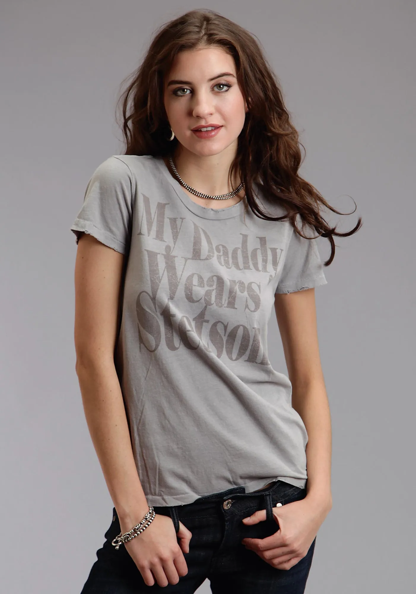 Go Anywhere Look Neutral Vibrant Chill Outfit Stetson Womens My Daddy Wears Grey 100% Cotton S/S T-Shirt