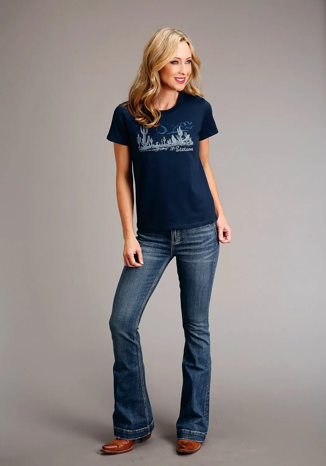 ethical fashion Stetson Womens Navy 100% Cotton Cactus Desert Scene S/S T-Shirt