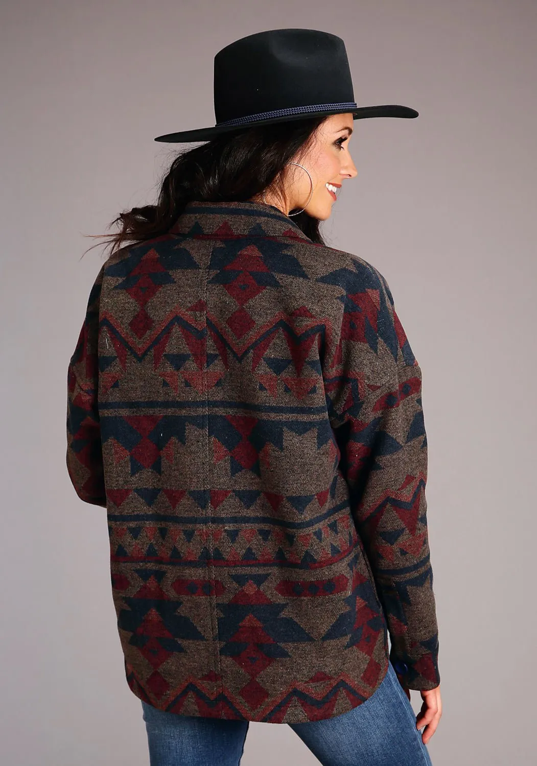 Stetson Womens Navy Multi Wool Blend Aztec Button Jacket Stylish Casual Matching Basic