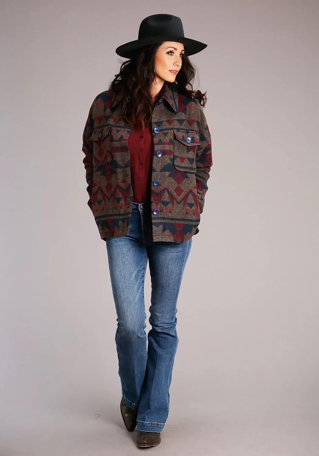 Stetson Womens Navy Multi Wool Blend Aztec Button Jacket Moisture Wicking Inner Layer