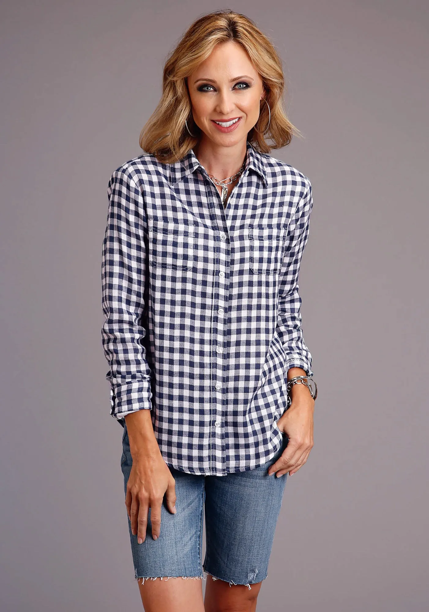 Stetson Womens Navy/White 100% Cotton Gingham L/S Shirt General Fit Stretch Denim Technology