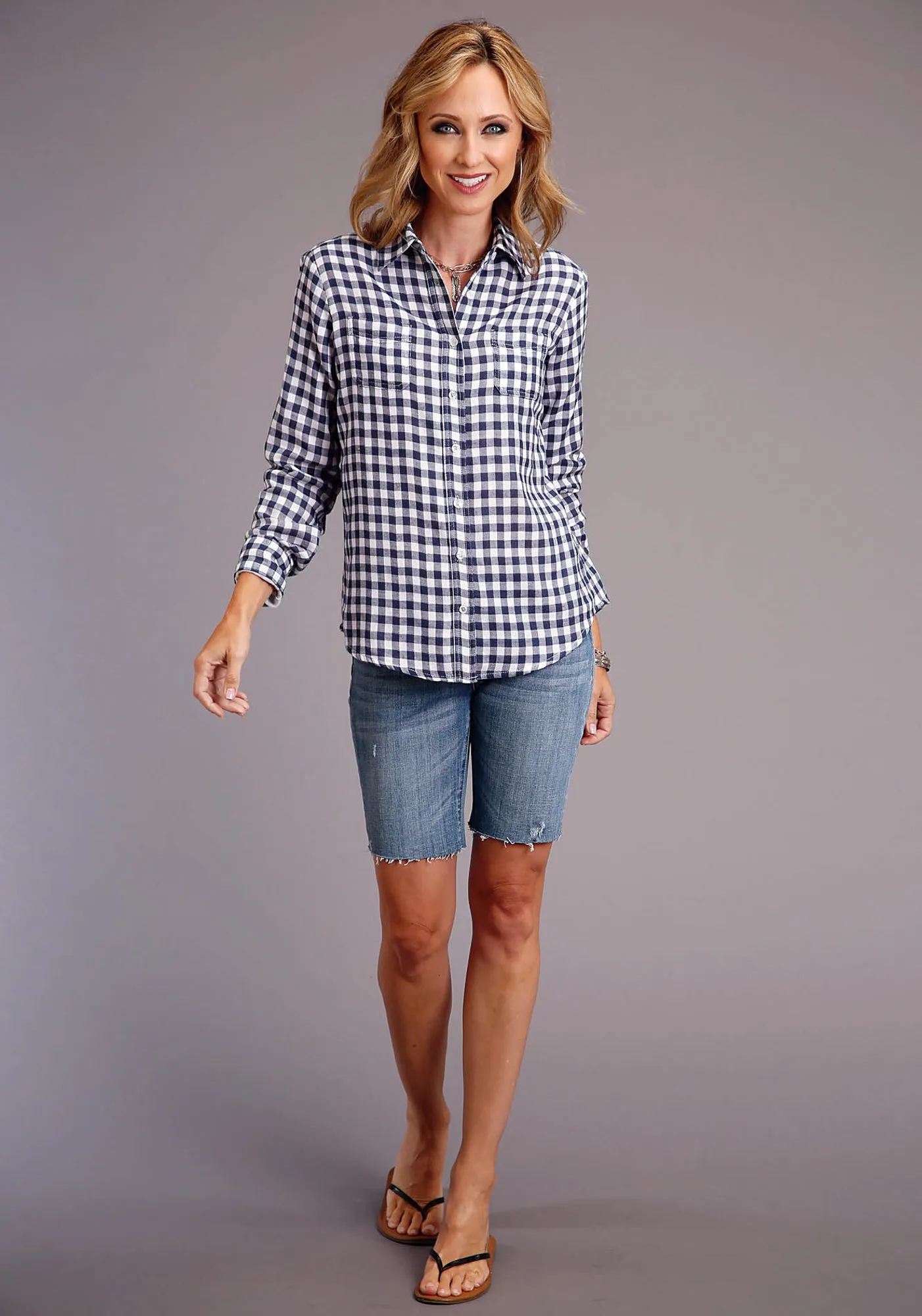 Stetson Womens Navy/White 100% Cotton Gingham L/S Shirt Chic Comfort Stretch Comfort