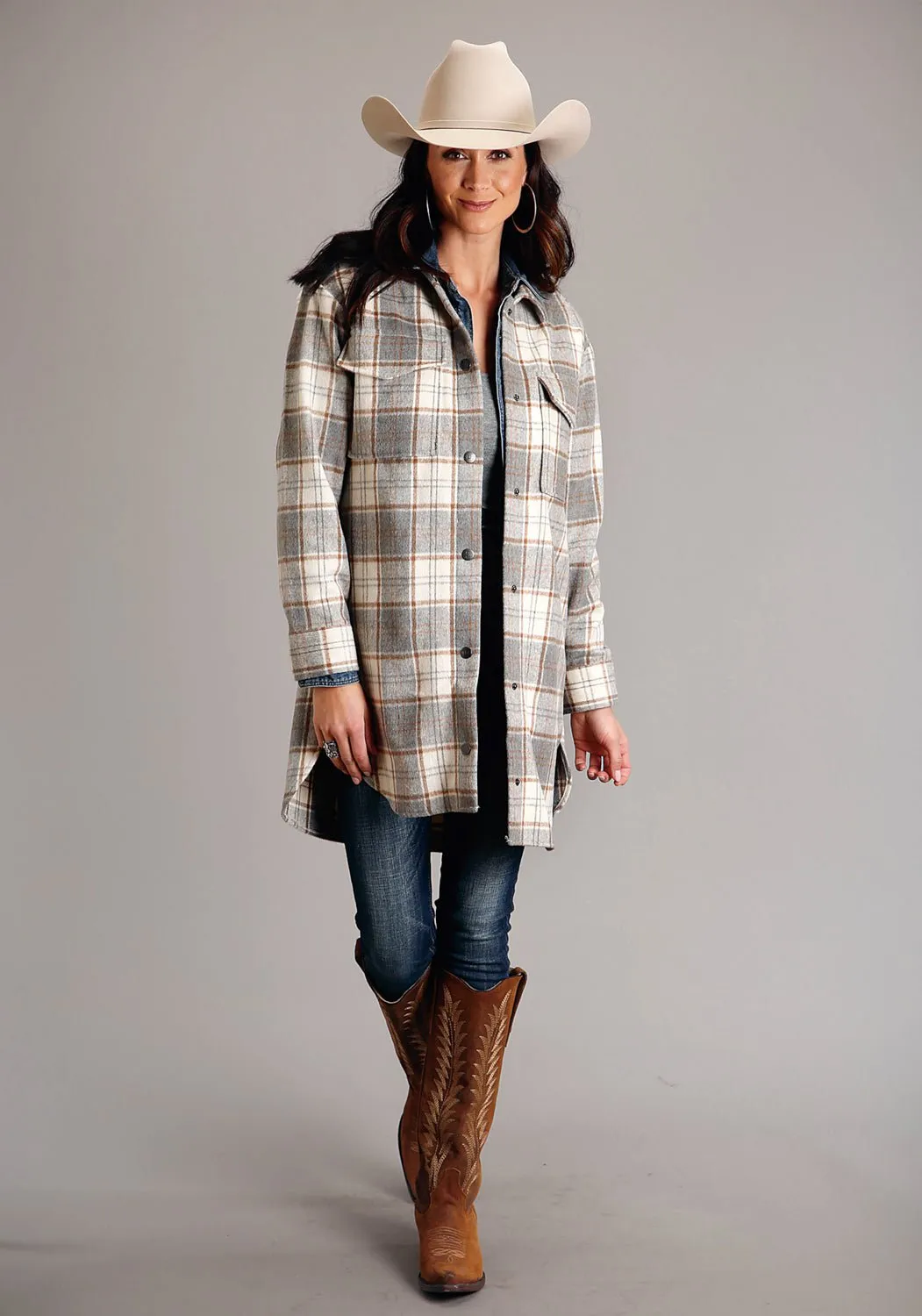 Stetson Womens Neutral Plaid Oversized Grey Poly/Wool Jacket Stylish Choice